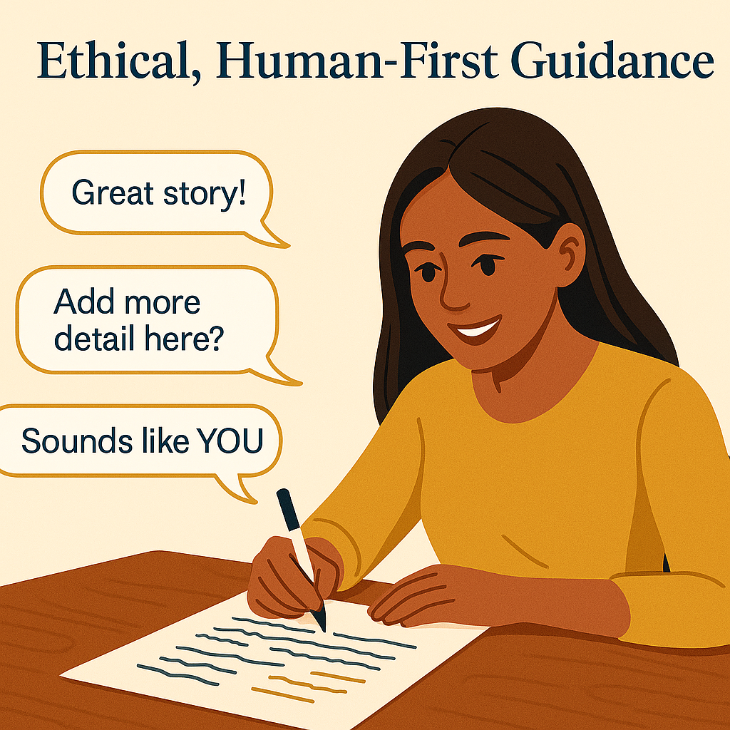 Ethical, Human-First Guidance. We don’t ghostwrite. We guide. You write. Authentically
